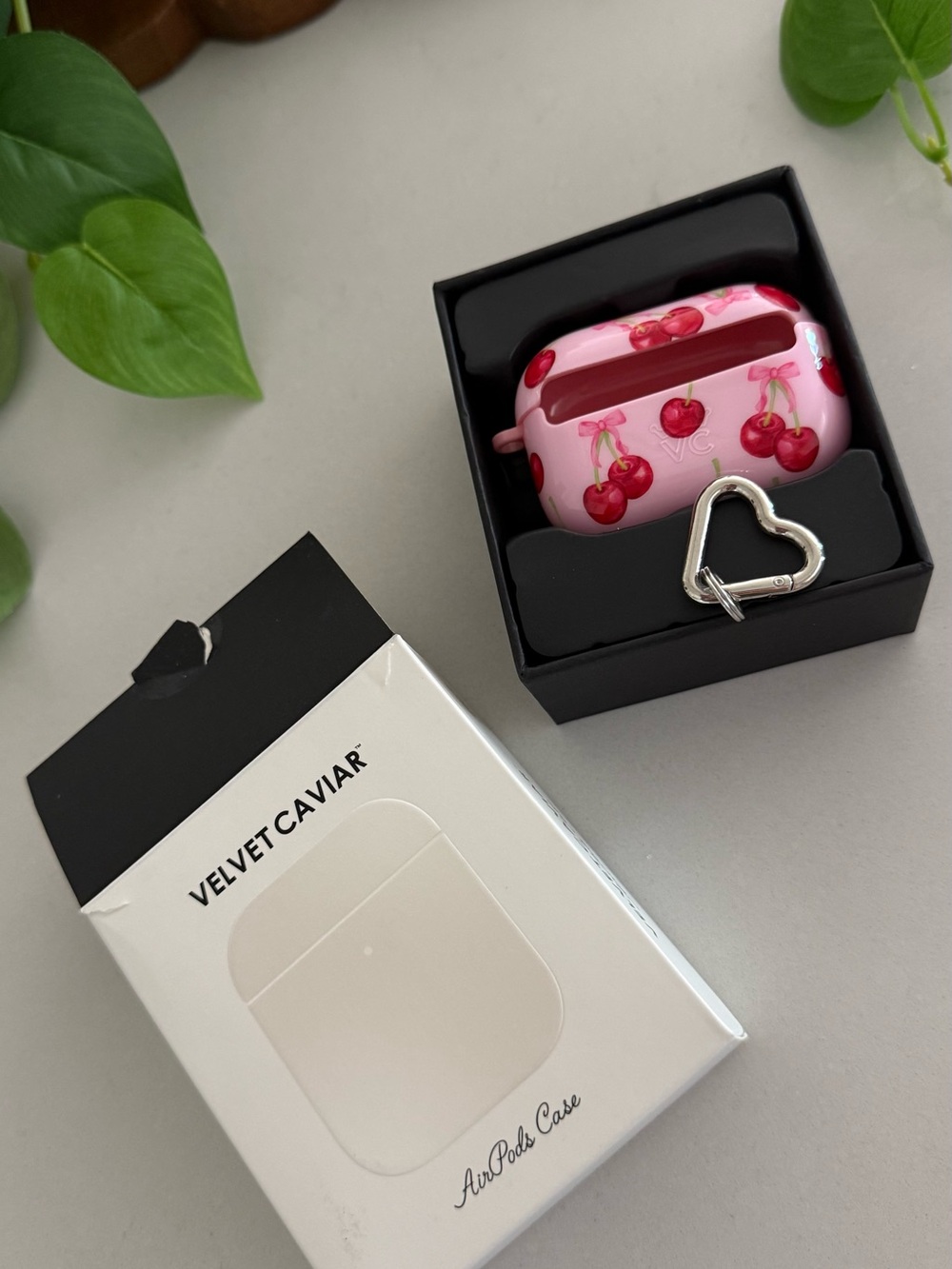 Velvet Caviar Pink Cherry AirPods Case with Silver Heart Carabiner